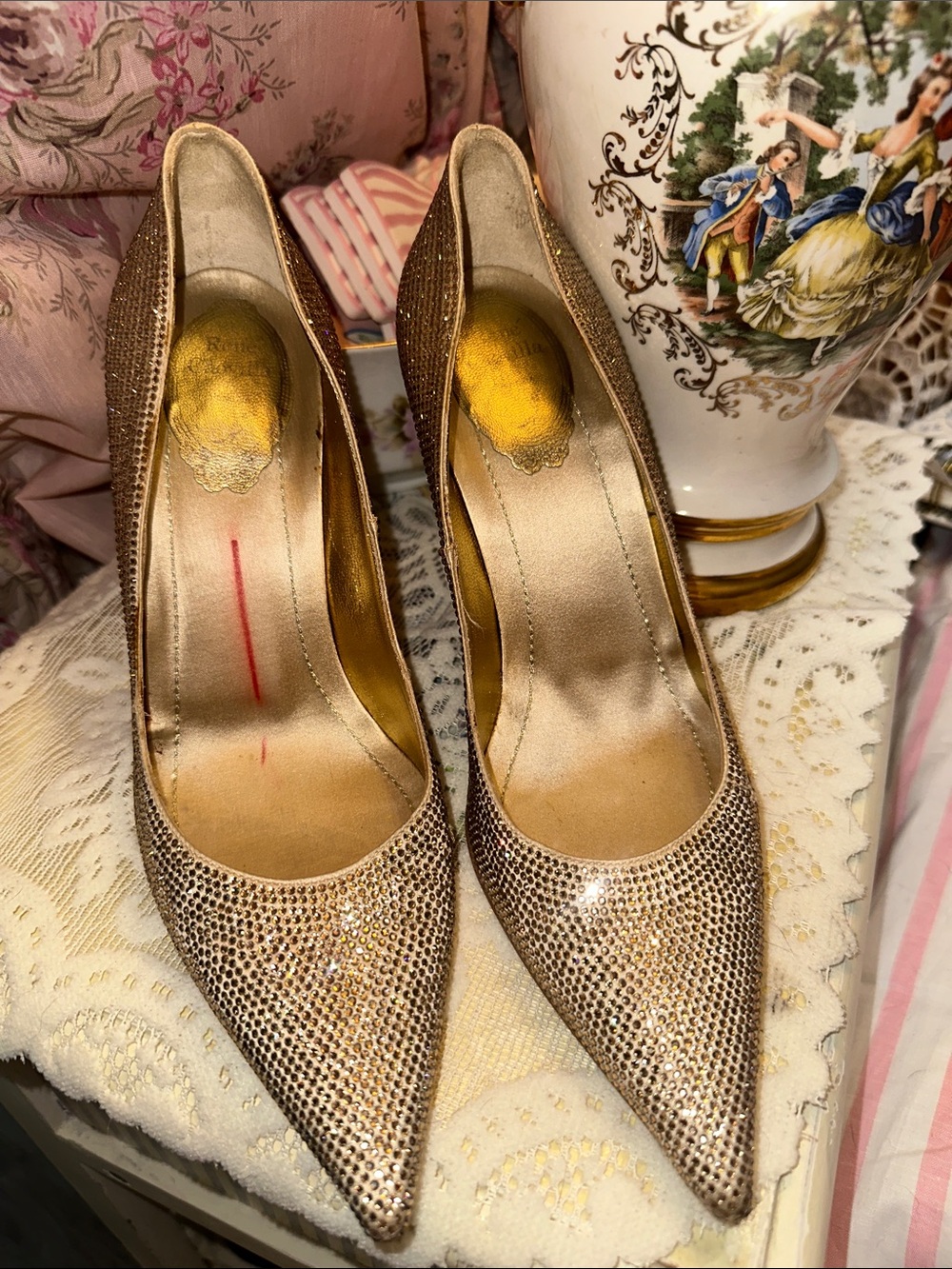 Rene Caovilla Gold Crystal-Embellished Pointed-Toe Pumps